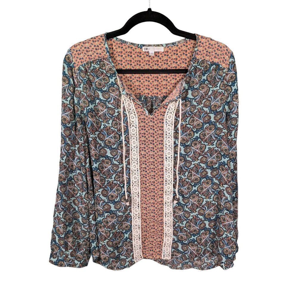 DR2 Daniel Rainn Blouse Top Women Small Floral Roll Tab Sleeves Tassel Ties BOHO